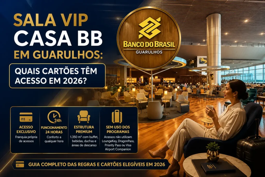 Sala VIP Casa BB em Guarulhos com área premium de descanso, buffet e acesso para clientes dos cartões Banco do Brasil em 2026.