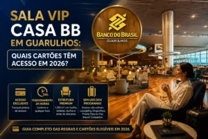 Sala VIP Casa BB em Guarulhos com área premium de descanso, buffet e acesso para clientes dos cartões Banco do Brasil em 2026.