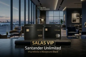 Cartões Santander Unlimited Visa Infinite e Mastercard Black com destaque para mudanças nas regras de acesso às salas VIP em 2026.