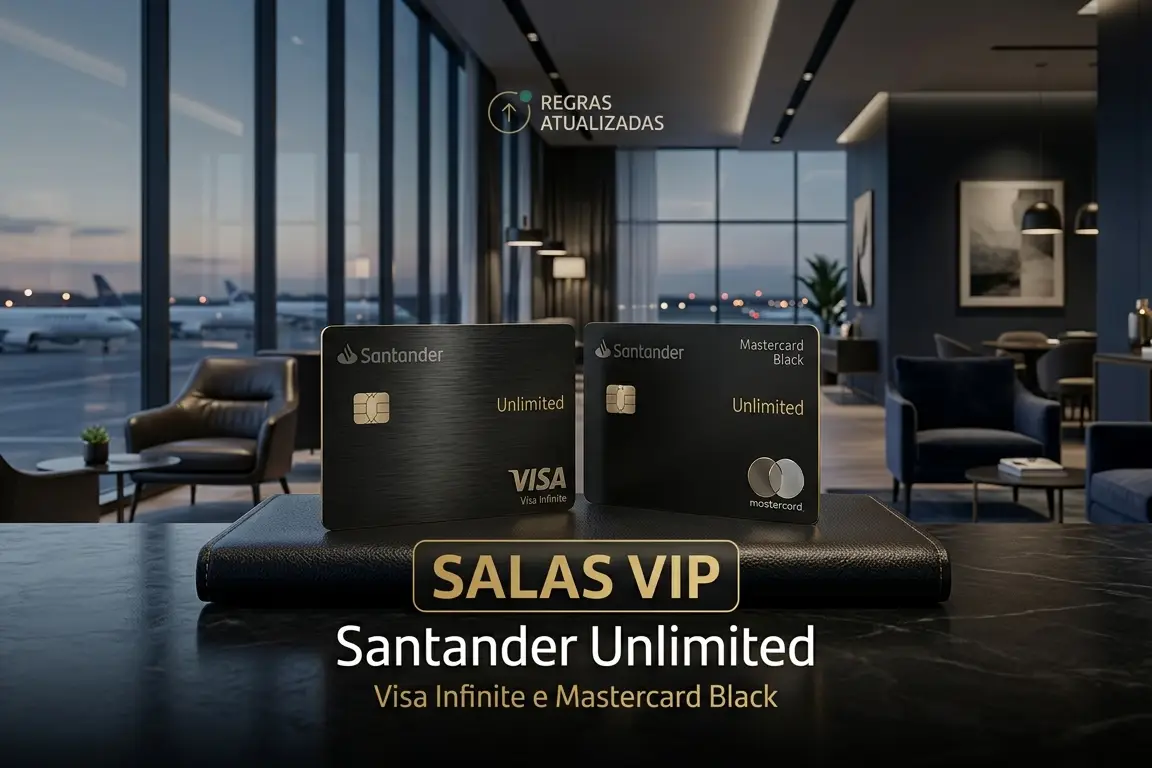 Cartões Santander Unlimited Visa Infinite e Mastercard Black com destaque para mudanças nas regras de acesso às salas VIP em 2026.
