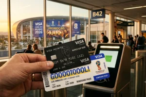 Mão segurando cartão Visa Infinite e cartão de embarque para a Copa do Mundo 2026 em Los Angeles, em um terminal de aeroporto. Ao fundo, através de uma janela grande, vê-se um estádio de futebol colossal com um banner da promoção Visa Copa do Mundo 2026.