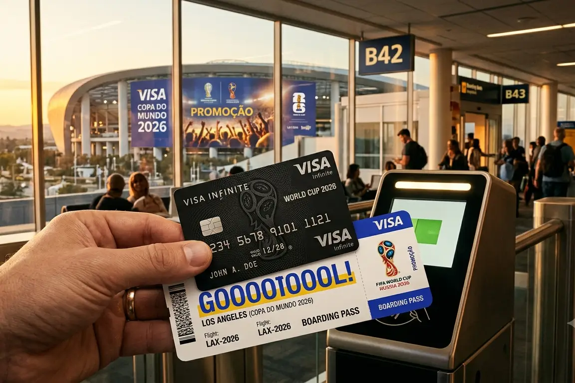 Mão segurando cartão Visa Infinite e cartão de embarque para a Copa do Mundo 2026 em Los Angeles, em um terminal de aeroporto. Ao fundo, através de uma janela grande, vê-se um estádio de futebol colossal com um banner da promoção Visa Copa do Mundo 2026.