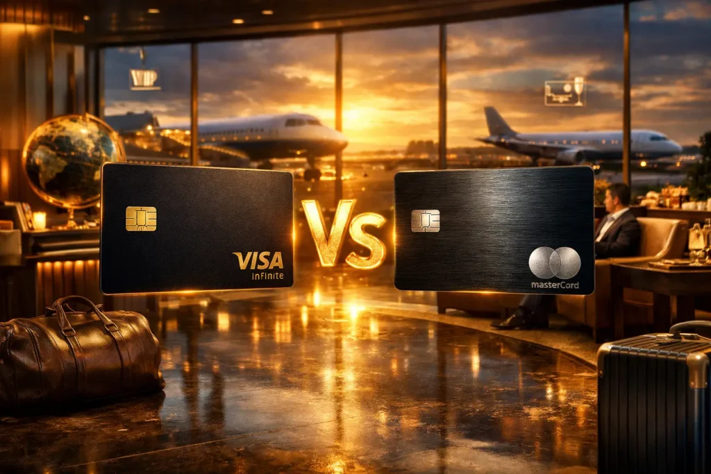 Visa Infinite vs Mastercard Black em sala VIP de aeroporto internacional com cartões premium e benefícios de viagem em 2026.