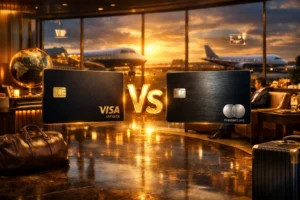 Visa Infinite vs Mastercard Black em sala VIP de aeroporto internacional com cartões premium e benefícios de viagem em 2026.