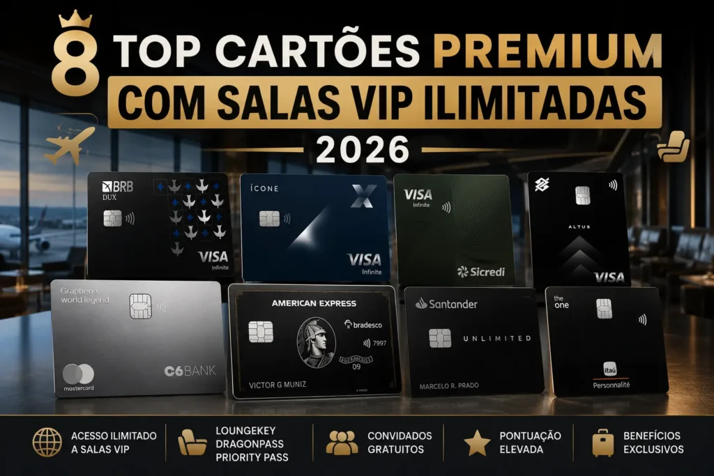 Os 8 melhores cartões premium com salas VIP ilimitadas em 2026: BRB DUX Visa Infinite, CAIXA Ícone Visa Infinite, Sicredi Visa Infinite, BB Altus Visa Infinite, C6 Graphene World Legend, Bradesco American Express Centurion, Santander Unlimited e Itaú Personnalité The One Mastercard Black.