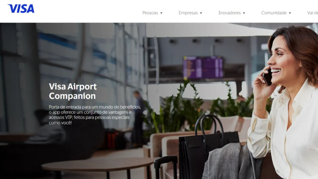 Página inicial do Visa Airport Companion, aplicativo oficial da Visa para acesso a salas VIP, restaurantes parceiros e benefícios de viagem em 2026.