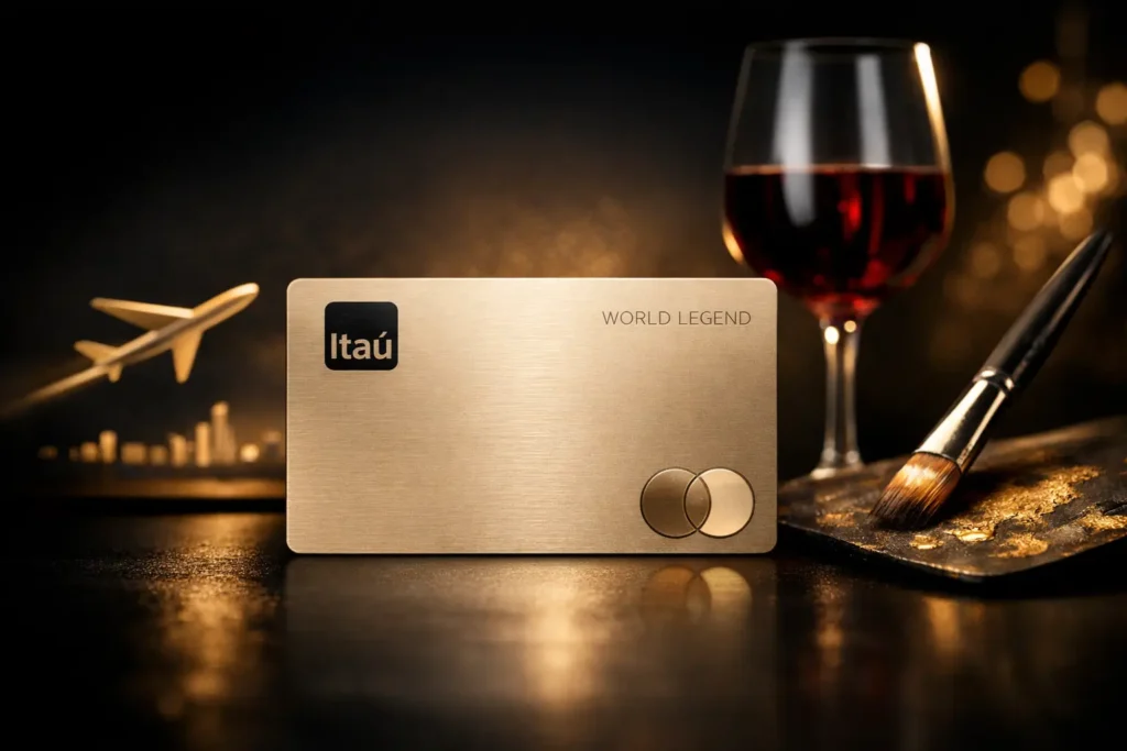 Cartão metálico Itaú Personnalité World Legend Mastercard em tom champanhe fosco, sobre fundo preto e dourado, com ícones de viagem, gastronomia e arte, representando luxo e exclusividade.