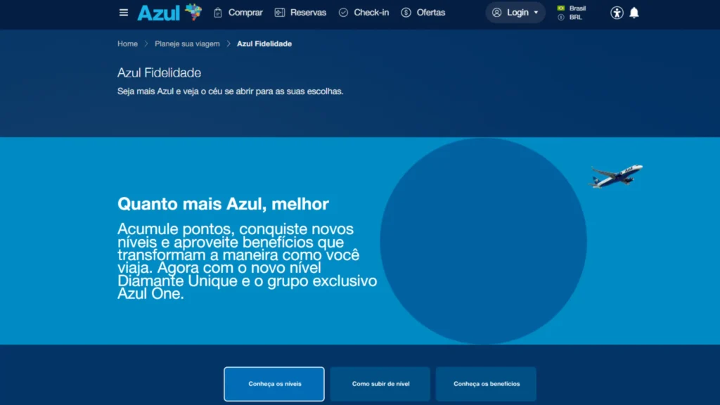 Página do programa Azul Fidelidade mostrando os benefícios do acúmulo de pontos, categorias do programa e o Status Diamante em 2026.
