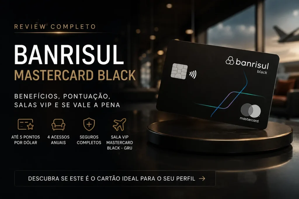 Banrisul Mastercard Black em destaque com design premium sobre fundo escuro, destacando pontuação de até 5 pontos por dólar, 4 acessos anuais a salas VIP, seguros Mastercard Black e benefícios para viagens em 2026.