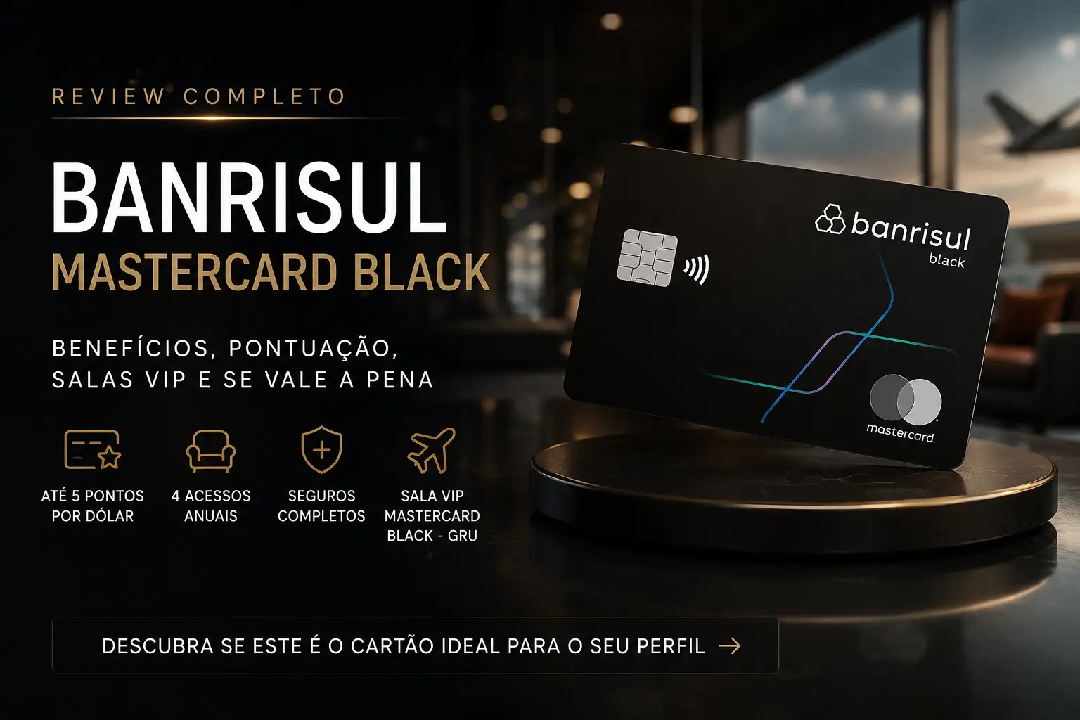 Banrisul Mastercard Black em destaque com design premium sobre fundo escuro, destacando pontuação de até 5 pontos por dólar, 4 acessos anuais a salas VIP, seguros Mastercard Black e benefícios para viagens em 2026.