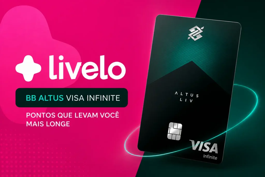 Cartão BB Altus Visa Infinite ao lado da marca Livelo destacando o acúmulo de até 4 pontos por dólar, transferências para companhias aéreas e estratégias para maximizar pontos em 2026.
