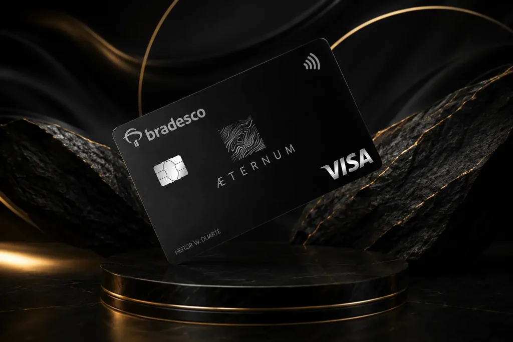 Bradesco Aeternum Visa Infinite sobre fundo premium preto e dourado, destacando o cartão ultra premium do Bradesco em 2026.
