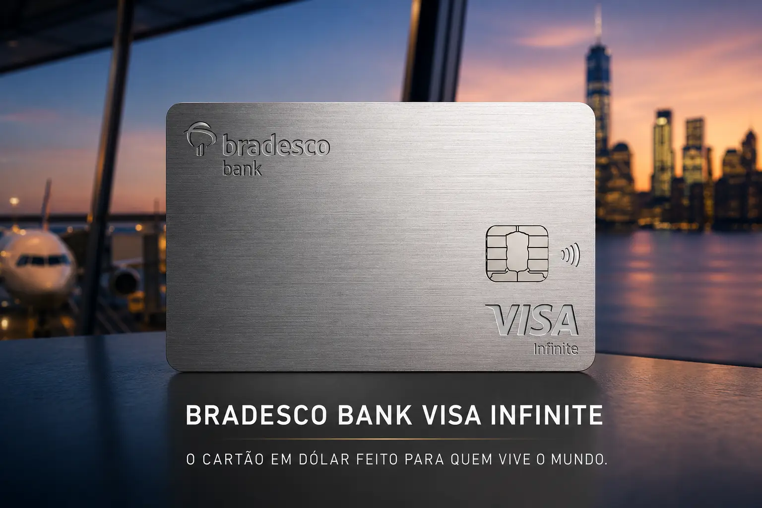 Cartão Bradesco Bank Visa Infinite de metal com fundo de aeroporto internacional, destacando os benefícios do cartão em dólar lançado em 2026.