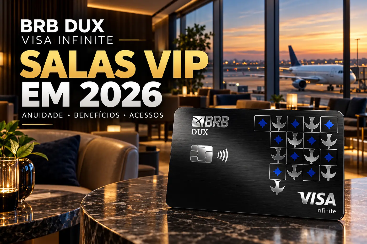 BRB DUX Visa Infinite em sala VIP de aeroporto, destaque para acessos, anuidade e benefícios em 2026.