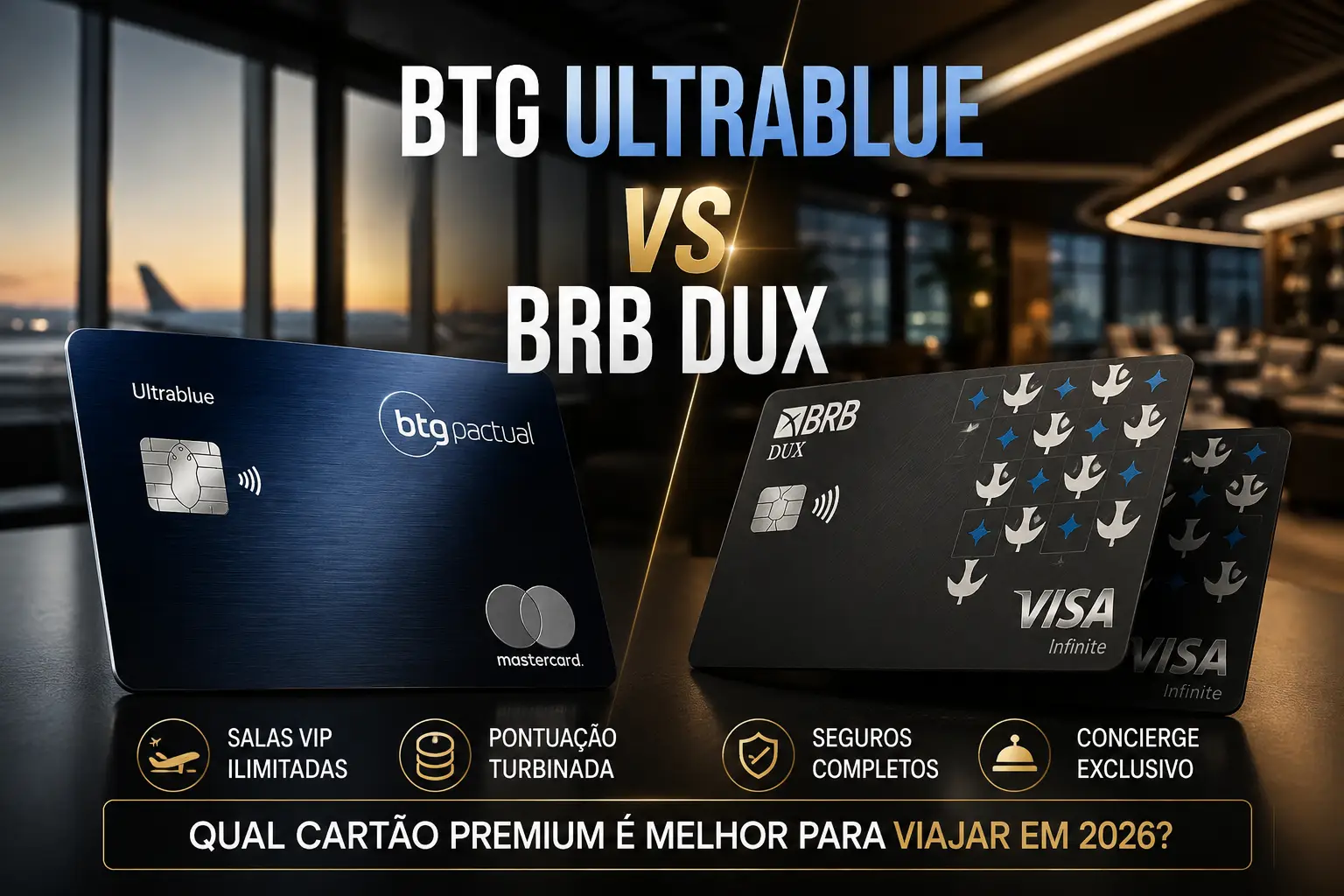 Comparativo entre os cartões BTG Ultrablue Mastercard Black e BRB DUX Visa Infinite para viagens em 2026, destacando pontuação, salas VIP e benefícios premium.