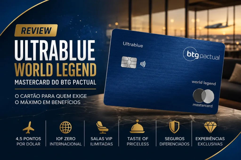 Arte promocional do BTG Ultrablue World Legend Mastercard destacando review completo do cartão premium, com 4,5 pontos por dólar, IOF Zero, salas VIP ilimitadas, Taste of Priceless, seguros premium e benefícios exclusivos para clientes de alta renda.