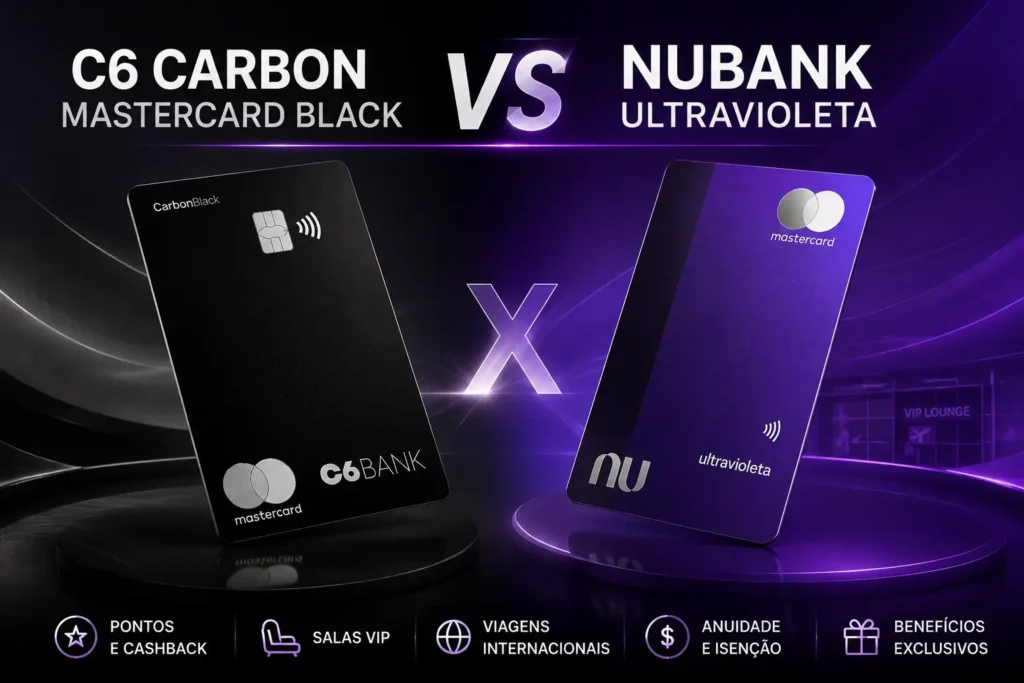 Comparativo entre os cartões C6 Carbon Mastercard Black e Nubank Ultravioleta destacando pontuação, cashback, salas VIP, compras internacionais, anuidade e benefícios premium em 2026.