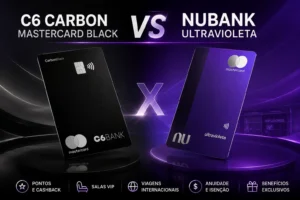 Comparativo entre os cartões C6 Carbon Mastercard Black e Nubank Ultravioleta destacando pontuação, cashback, salas VIP, compras internacionais, anuidade e benefícios premium em 2026.