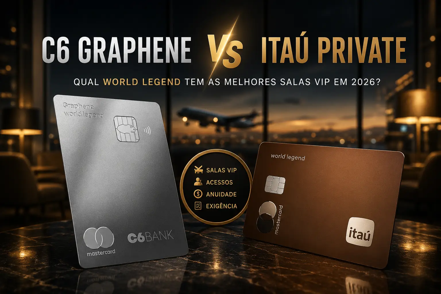 Comparativo entre os cartões C6 Graphene World Legend e Itaú Private World Legend destacando qual oferece as melhores salas VIP em 2026.