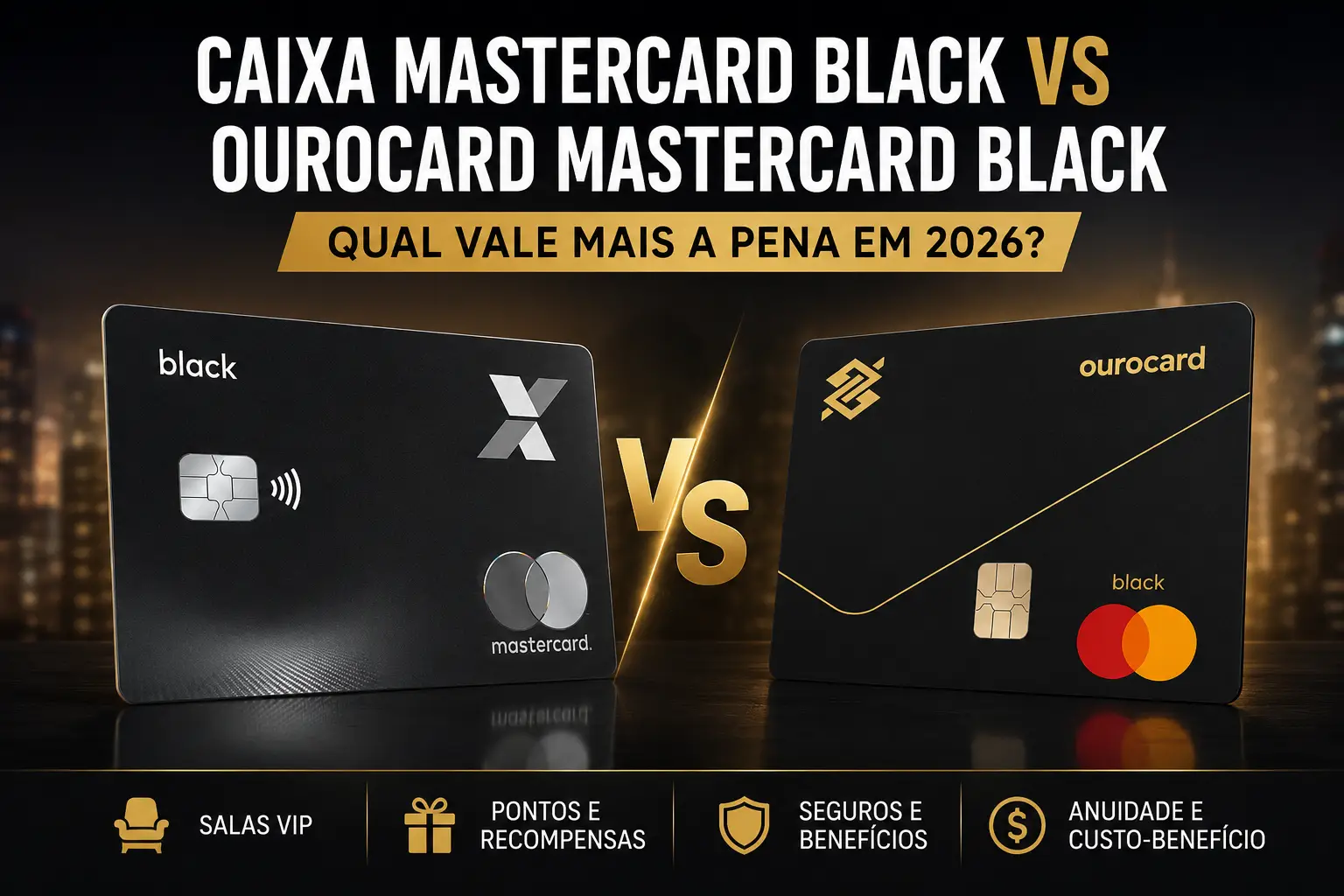 Comparativo entre os cartões CAIXA Mastercard Black e Ourocard Mastercard Black, destacando diferenças em salas VIP, programa de pontos, benefícios Mastercard Black, anuidade e custo-benefício em 2026.