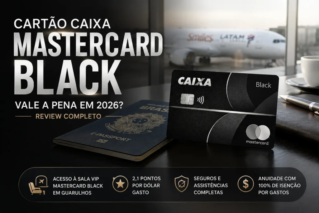 Cartão CAIXA Mastercard Black sobre uma mesa em sala VIP de aeroporto, com passaporte brasileiro ao lado. A imagem destaca o review completo de 2026, incluindo pontuação de 2,1 pontos por dólar, acesso à Sala VIP Mastercard Black em Guarulhos, seguros de viagem e isenção de anuidade por gastos.