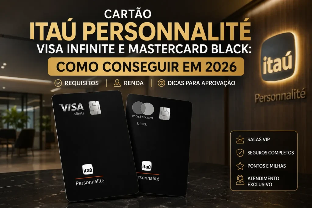 Cartão Itaú Personnalité Visa Infinite e Mastercard Black em 2026. Guia mostrando como conseguir aprovação, requisitos, renda mínima, benefícios premium, salas VIP e programa de pontos.