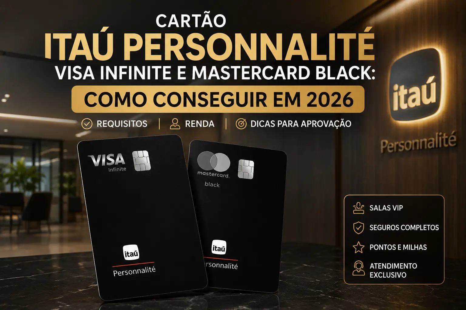 Cartão Itaú Personnalité Visa Infinite e Mastercard Black em 2026. Guia mostrando como conseguir aprovação, requisitos, renda mínima, benefícios premium, salas VIP e programa de pontos.