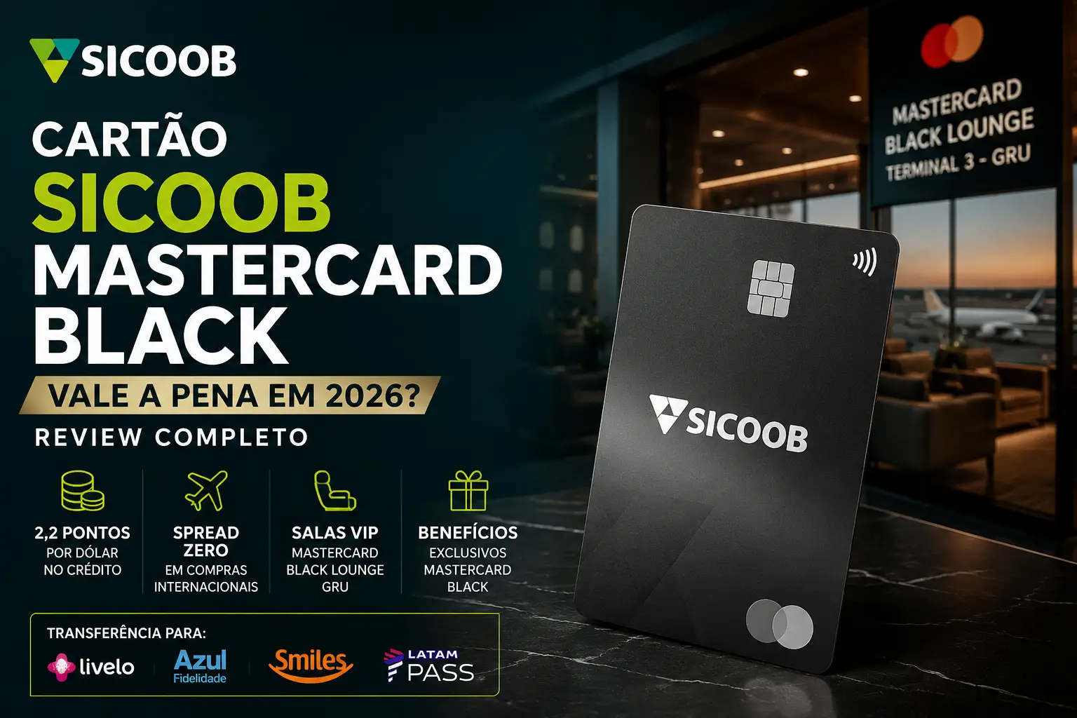 Cartão Sicoob Mastercard Black com destaque para benefícios como spread zero, 2,2 pontos por dólar, salas VIP Mastercard Black Lounge e programa Coopera em 2026.
