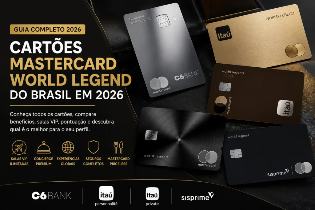 Cartões Mastercard World Legend do Brasil em 2026, com destaque para C6 Graphene, Itaú Personnalité World Legend, Itaú Private World Legend e Sisprime World Legend.