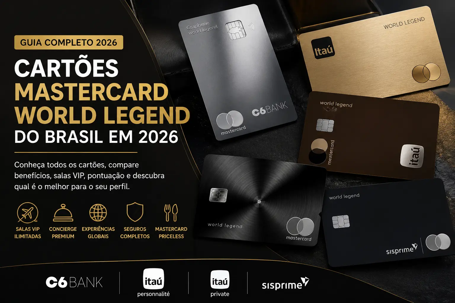 Cartões Mastercard World Legend do Brasil em 2026, com destaque para C6 Graphene, Itaú Personnalité World Legend, Itaú Private World Legend e Sisprime World Legend.