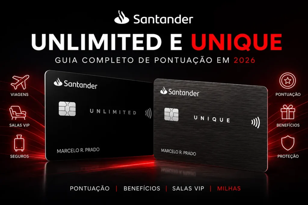 Cartões Santander Unlimited Mastercard Black e Santander Unique Visa Infinite em comparativo de pontuação, benefícios e Programa Esfera em 2026.