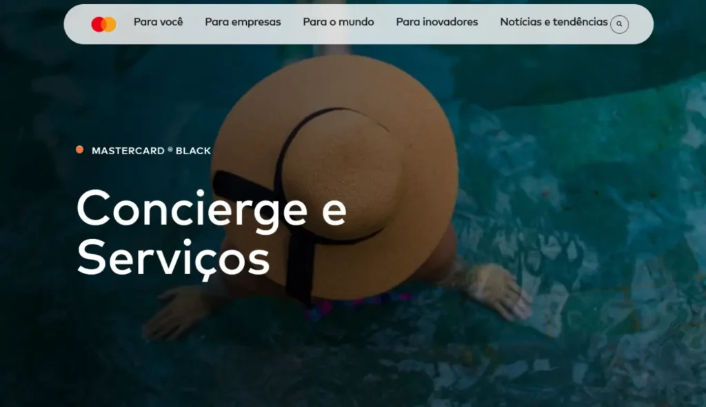 Página do serviço Concierge da Mastercard Black mostrando os benefícios exclusivos de assistência 24 horas para viagens, reservas, eventos e experiências premium.