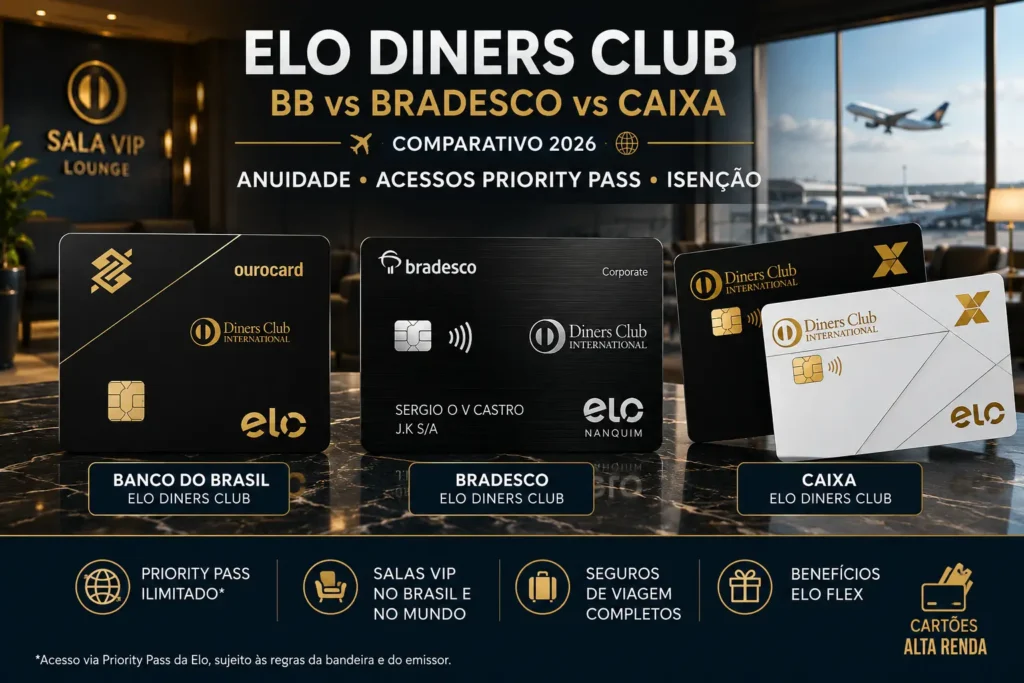 Comparativo entre os cartões Elo Diners Club do Banco do Brasil, Bradesco e Caixa em uma sala VIP de aeroporto, destacando anuidade, acessos ao Priority Pass, isenção e benefícios de viagem em 2026.