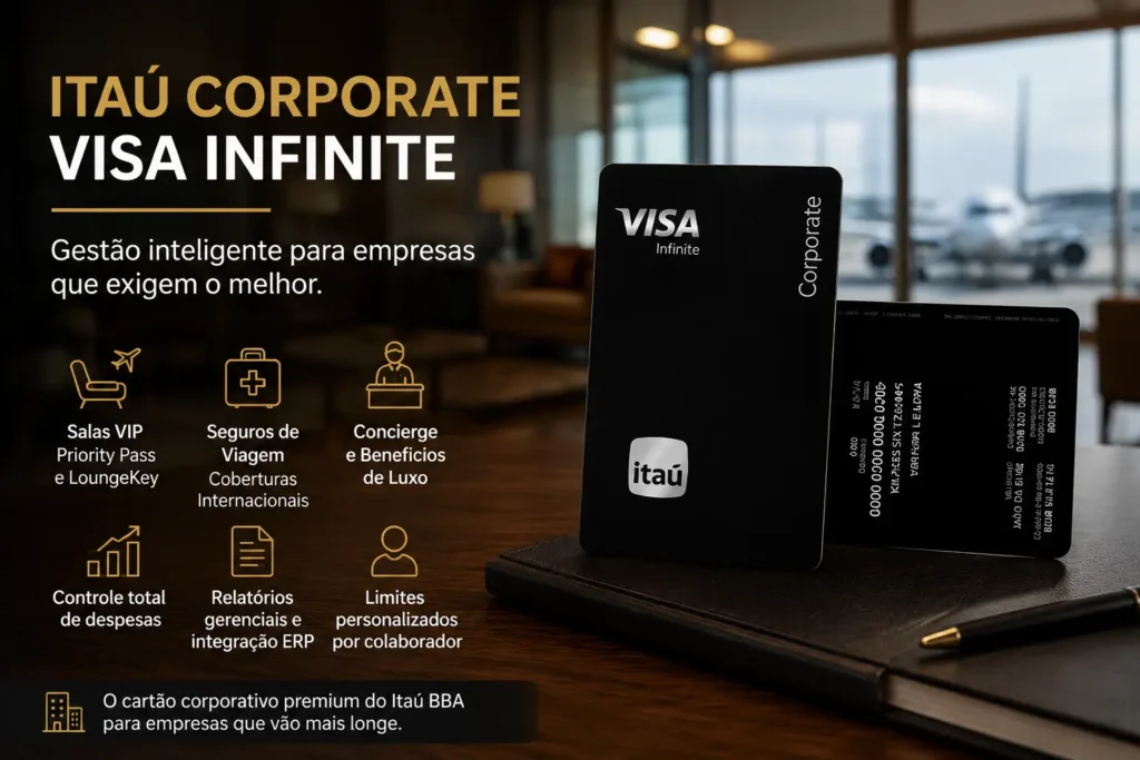 Cartão Itaú Corporate Visa Infinite em destaque com fundo de aeroporto, apresentando benefícios corporativos como salas VIP, seguros de viagem, concierge Visa Infinite e gestão de despesas empresariais.