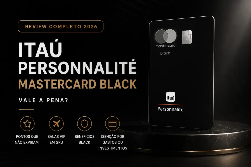 Cartão Itaú Personnalité Mastercard Black em destaque com fundo premium preto e dourado, destacando benefícios, pontos, salas VIP e análise completa do cartão em 2026.