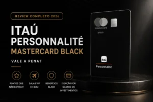 Cartão Itaú Personnalité Mastercard Black em destaque com fundo premium preto e dourado, destacando benefícios, pontos, salas VIP e análise completa do cartão em 2026.