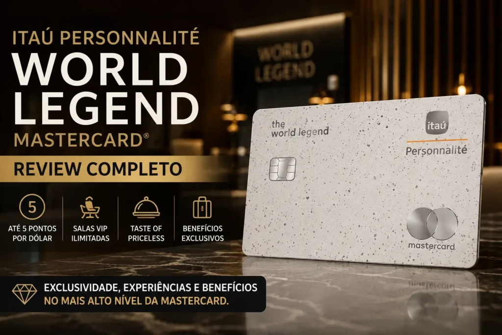 Cartão Itaú Personnalité World Legend Mastercard com destaque para review completo, benefícios exclusivos, até 5 pontos por dólar e acesso ilimitado às salas VIP em 2026.
