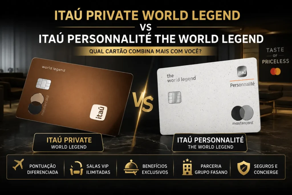 Comparativo entre os cartões Itaú Private World Legend Mastercard e Itaú Personnalité The World Legend Mastercard, destacando pontuação, salas VIP ilimitadas e benefícios exclusivos em 2026.