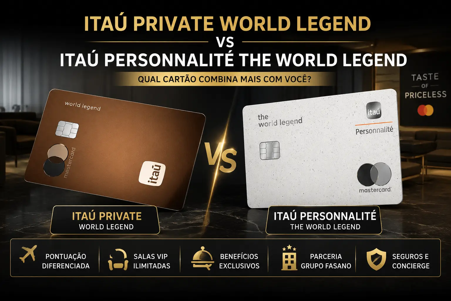 Comparativo entre os cartões Itaú Private World Legend Mastercard e Itaú Personnalité The World Legend Mastercard, destacando pontuação, salas VIP ilimitadas e benefícios exclusivos em 2026.