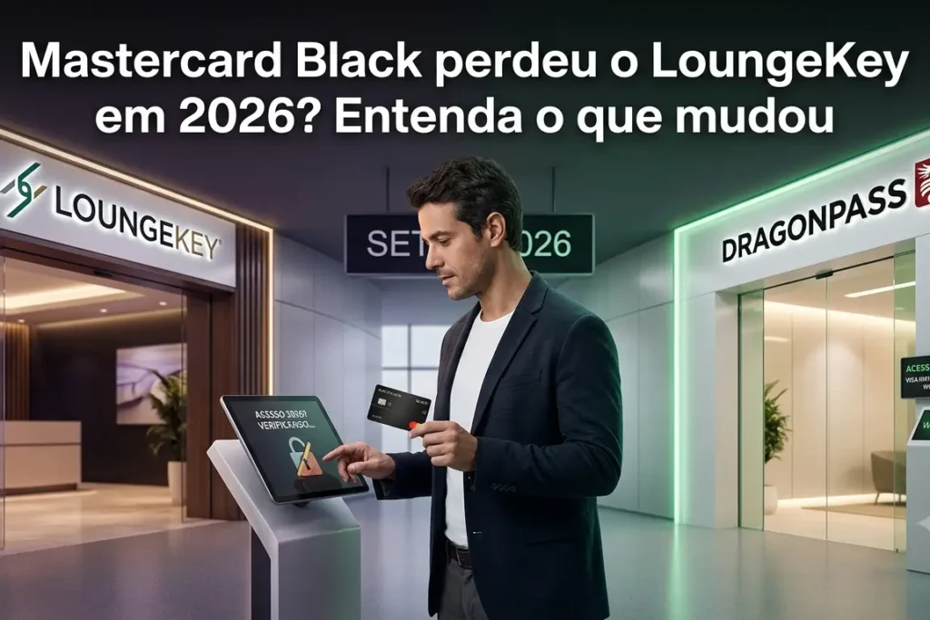 Homem segurando cartão Mastercard Black em terminal de aeroporto entre as entradas das salas VIP LoungeKey e DragonPass, ilustrando mudanças nos benefícios de cartões de crédito em 2026.