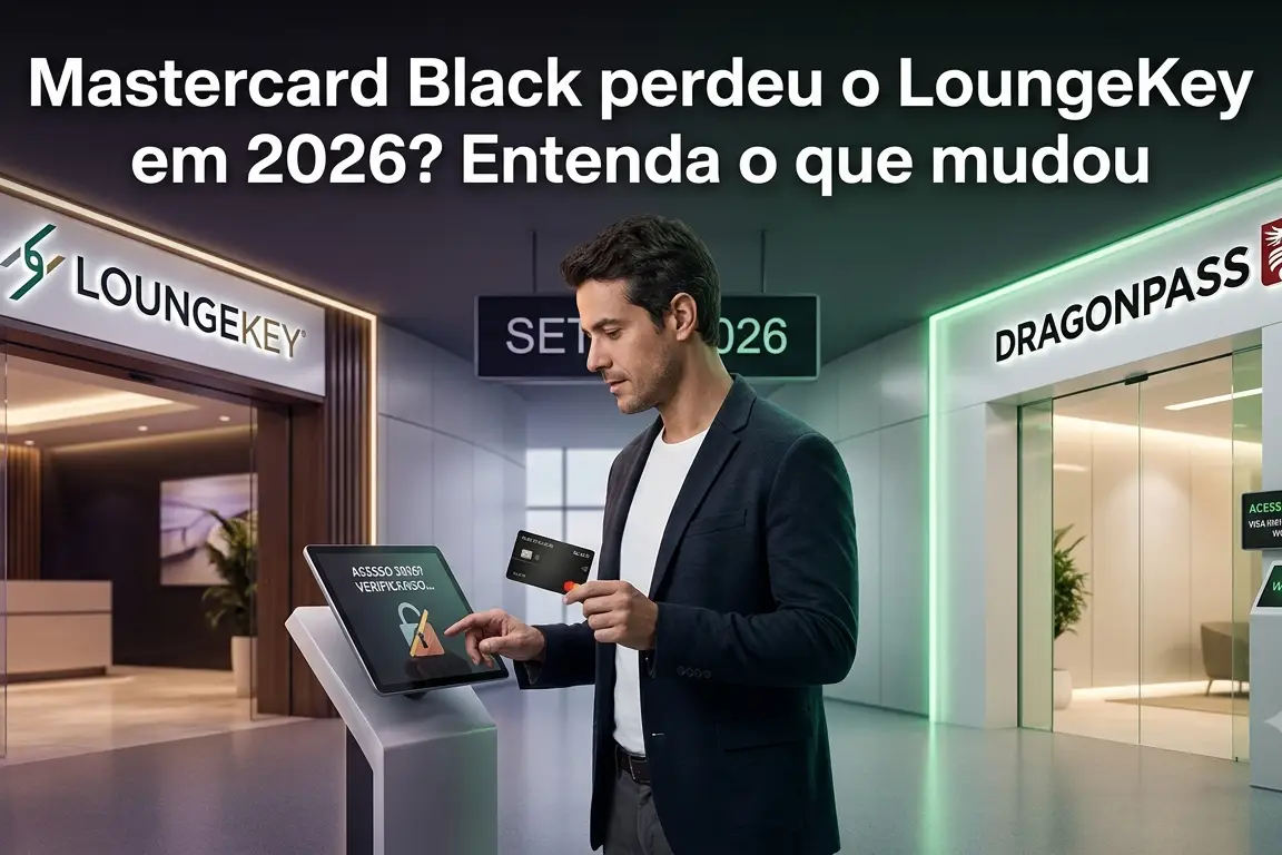 Homem segurando cartão Mastercard Black em terminal de aeroporto entre as entradas das salas VIP LoungeKey e DragonPass, ilustrando mudanças nos benefícios de cartões de crédito em 2026.