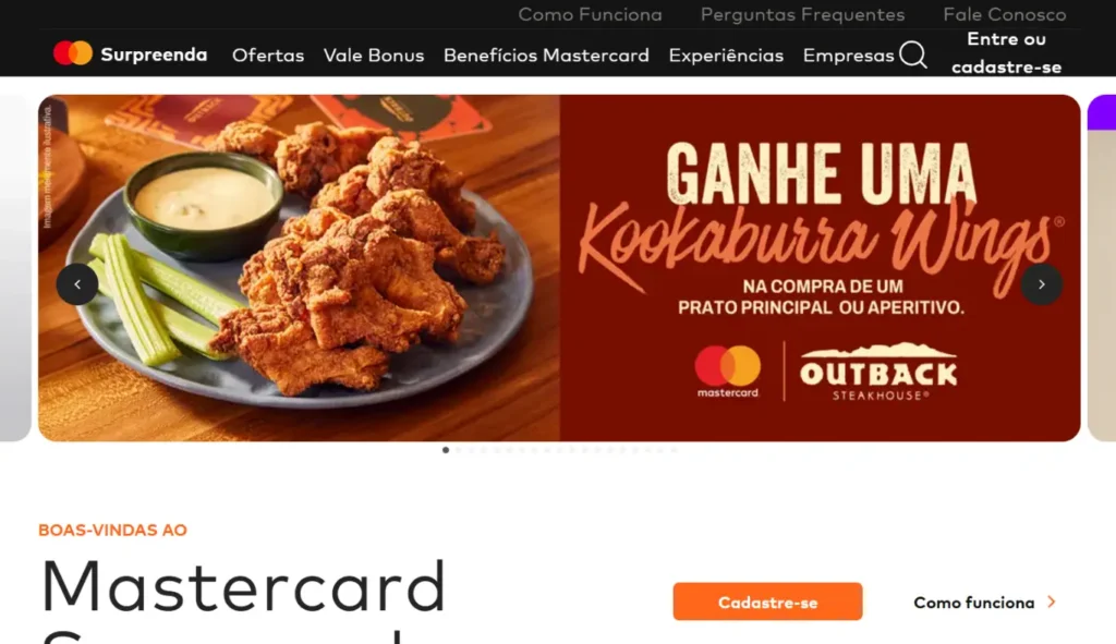 Página inicial do programa Mastercard Surpreenda com ofertas exclusivas e promoções para portadores de cartões Mastercard, incluindo benefícios em restaurantes e parceiros.