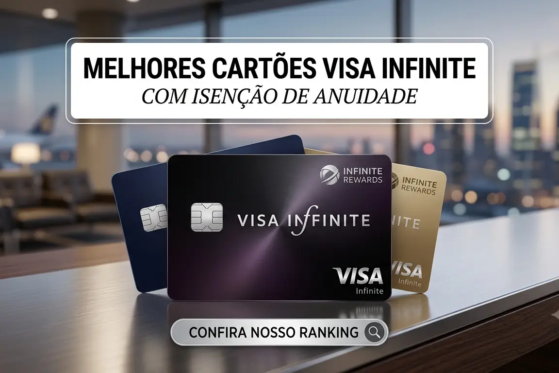 Seleção dos melhores cartões de crédito Visa Infinite em destaque sobre balcão de aeroporto, com o título do artigo sobre isenção de anuidade.