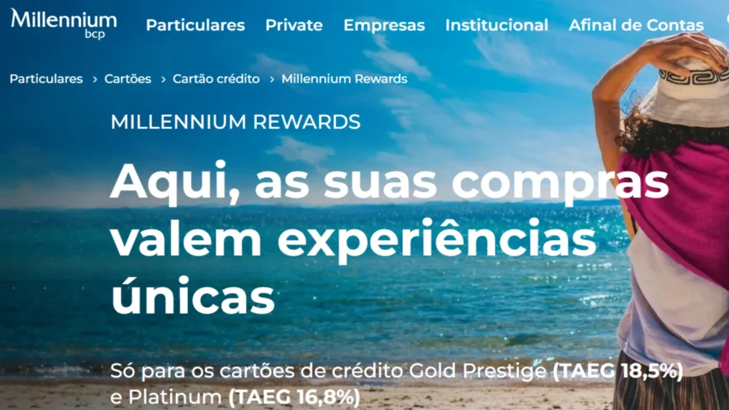 Página do Millennium Rewards mostrando o programa de pontos dos cartões Gold Prestige e Platinum do Millennium bcp em Portugal.