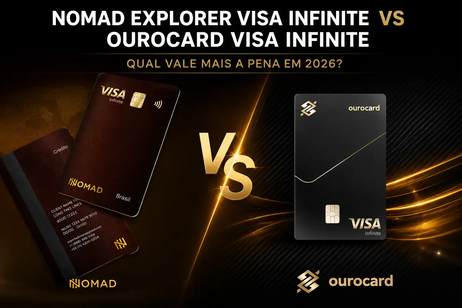 Comparativo entre os cartões Nomad Explorer Visa Infinite e Ourocard Visa Infinite em 2026, destacando benefícios, pontuação, salas VIP, compras internacionais e anuidade.