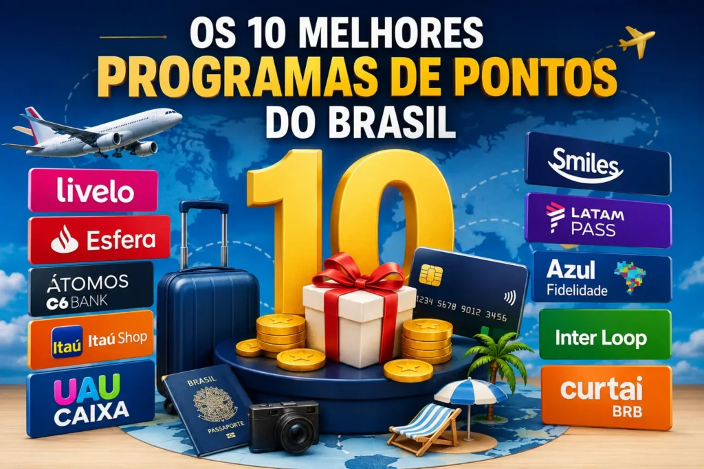 Arte ilustrativa com os 10 melhores programas de pontos do Brasil em 2026, destacando Livelo, Esfera, Átomos C6 Bank, Itaú Shop, UAU CAIXA, Smiles, LATAM Pass, Azul Fidelidade, Inter Loop e Curtaí BRB, além de elementos de viagem como avião, mala, cartão de crédito, moedas e passaporte.
