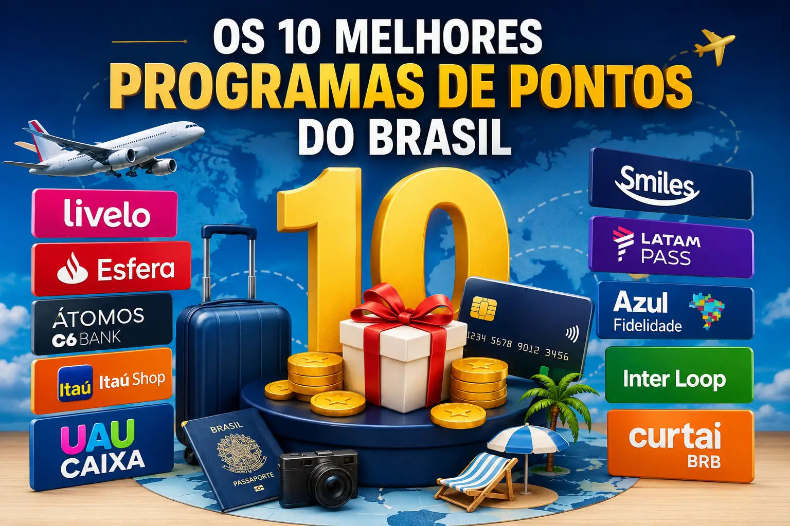 Arte ilustrativa com os 10 melhores programas de pontos do Brasil em 2026, destacando Livelo, Esfera, Átomos C6 Bank, Itaú Shop, UAU CAIXA, Smiles, LATAM Pass, Azul Fidelidade, Inter Loop e Curtaí BRB, além de elementos de viagem como avião, mala, cartão de crédito, moedas e passaporte.