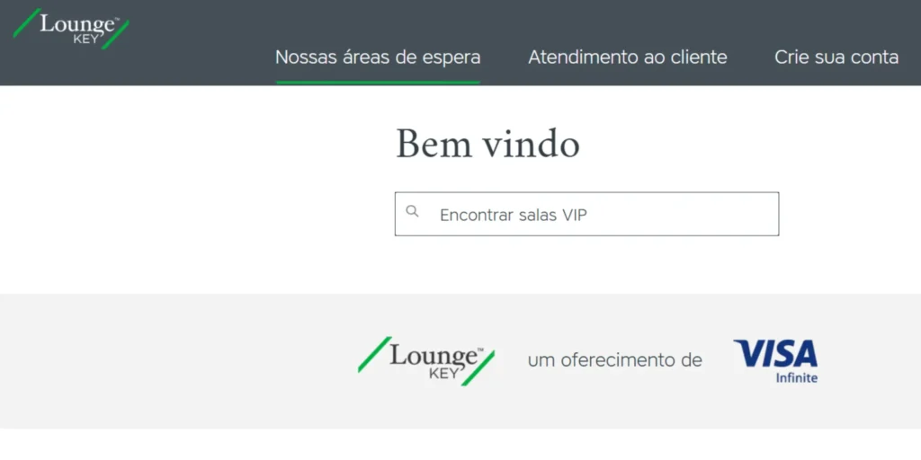 Página inicial do LoungeKey mostrando a busca por salas VIP e a parceria com cartões Visa Infinite para acesso aos lounges em aeroportos.