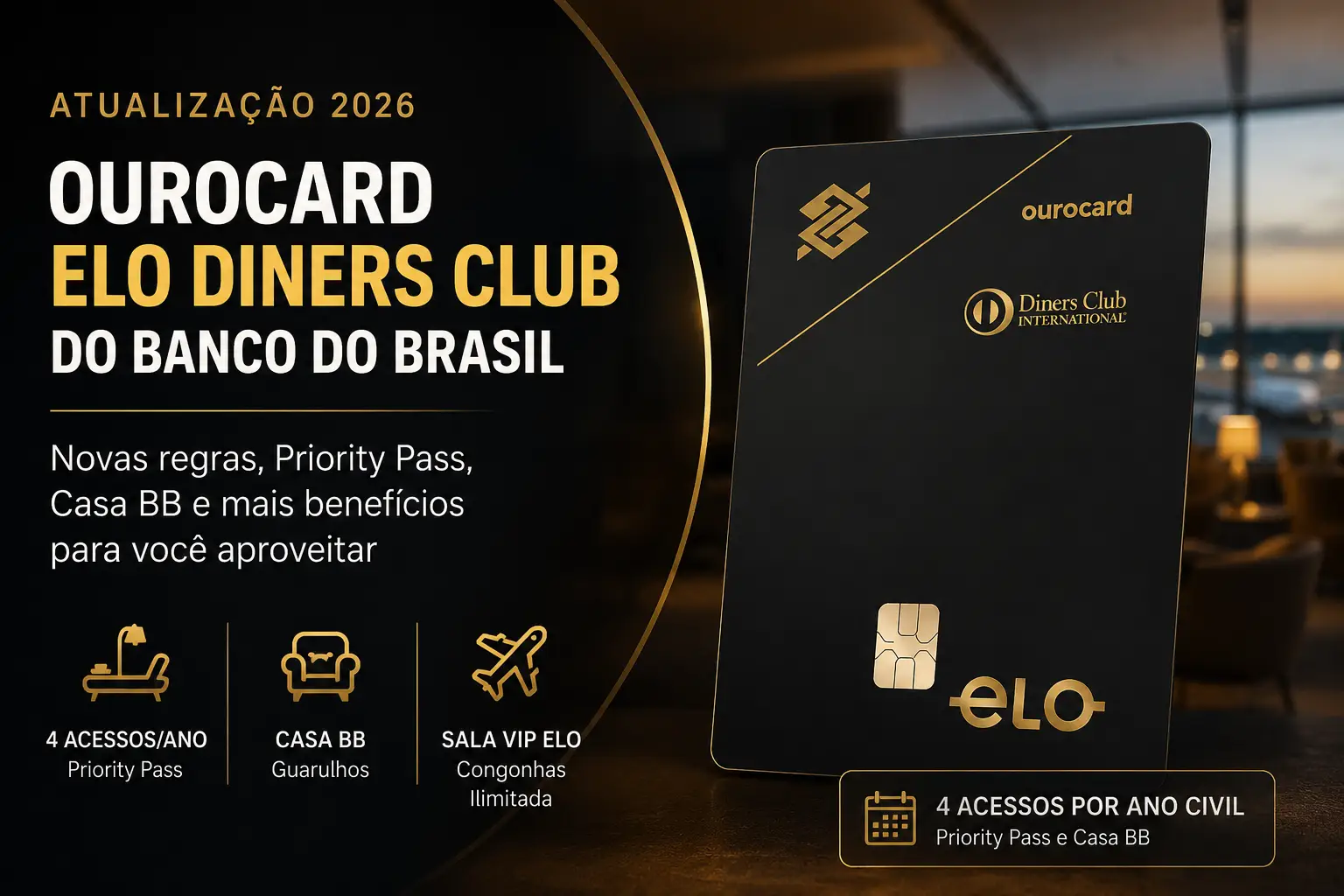 Ourocard Elo Diners Club Banco do Brasil 2026 com Priority Pass, Casa BB Guarulhos, Sala VIP Elo Congonhas e benefícios atualizados.