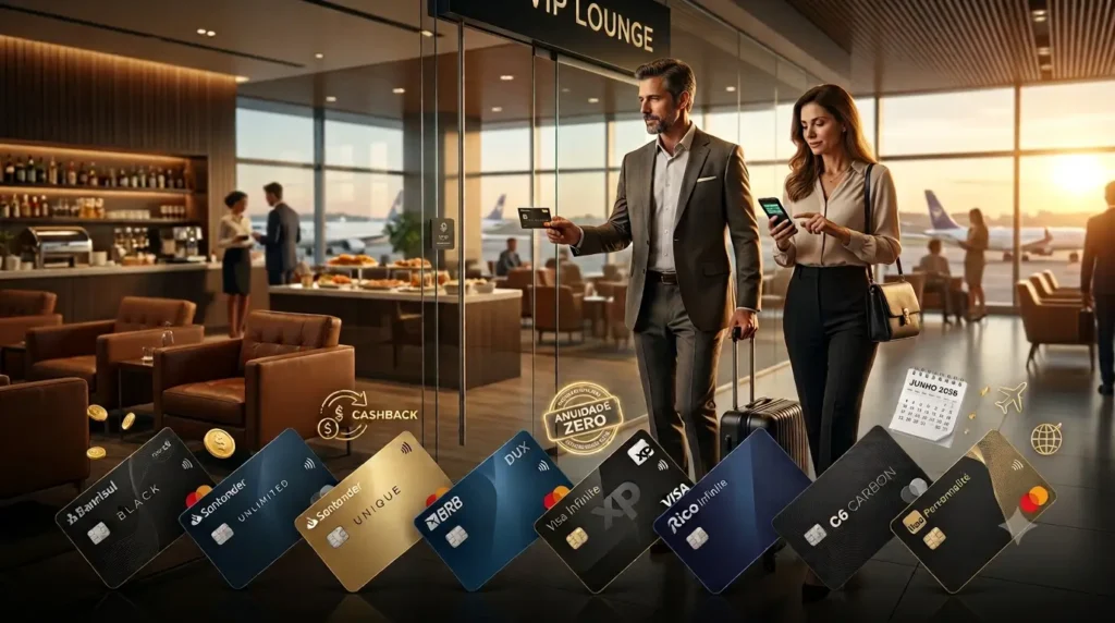 Executivos acessando uma sala VIP de aeroporto com cartões premium Banrisul Black, Santander Unlimited, Santander Unique, BRB DUX Visa Infinite, XP Visa Infinite, Rico Visa Infinite, C6 Carbon Mastercard Black e Itaú Personnalité Mastercard Black durante as promoções de julho de 2026.